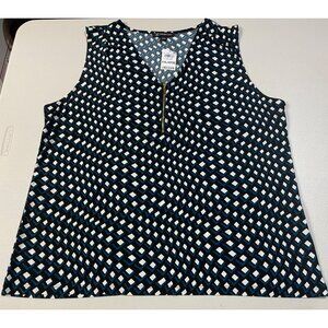 INC Geometric Print Zip Front Sleeveless Blouse Top XXL turquoise black white